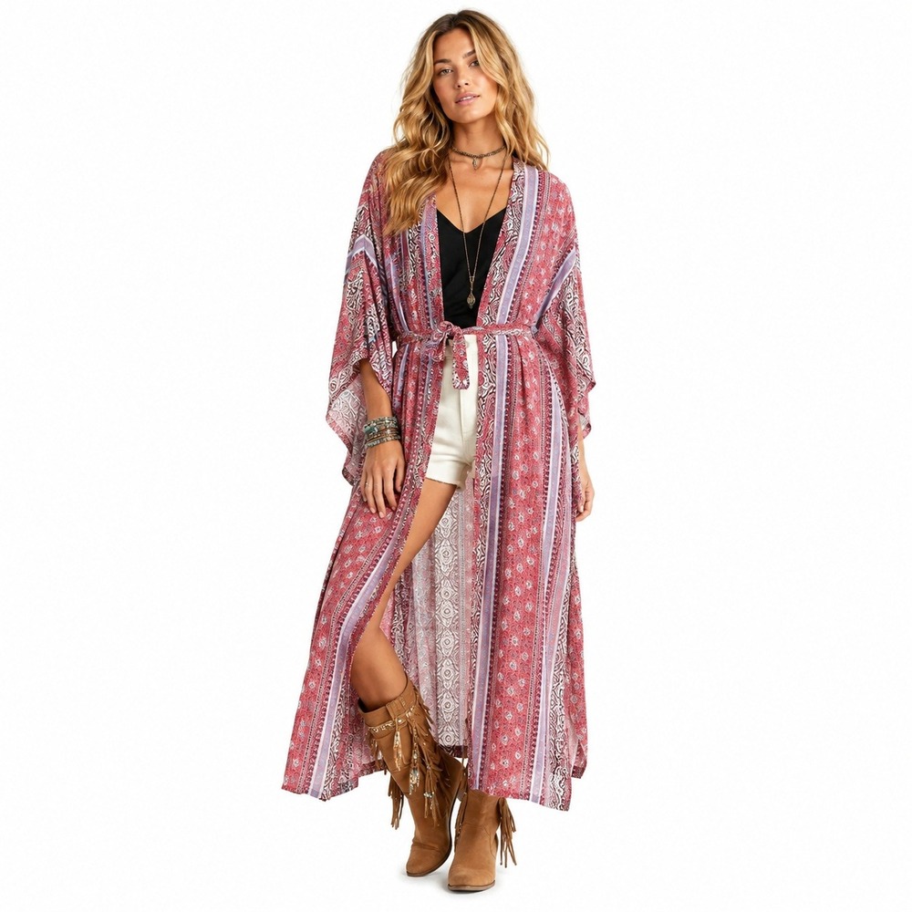 NWT Lucky Brand Boho Paisley Maxi Kimono Duster Red Boho Hippie Gypsy Size OS